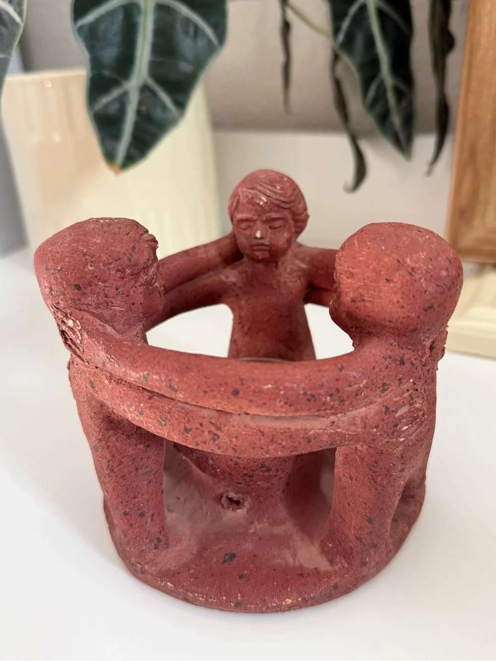 Vintage Red Terracotta Circle of Friends Three Figurine Candle Holder